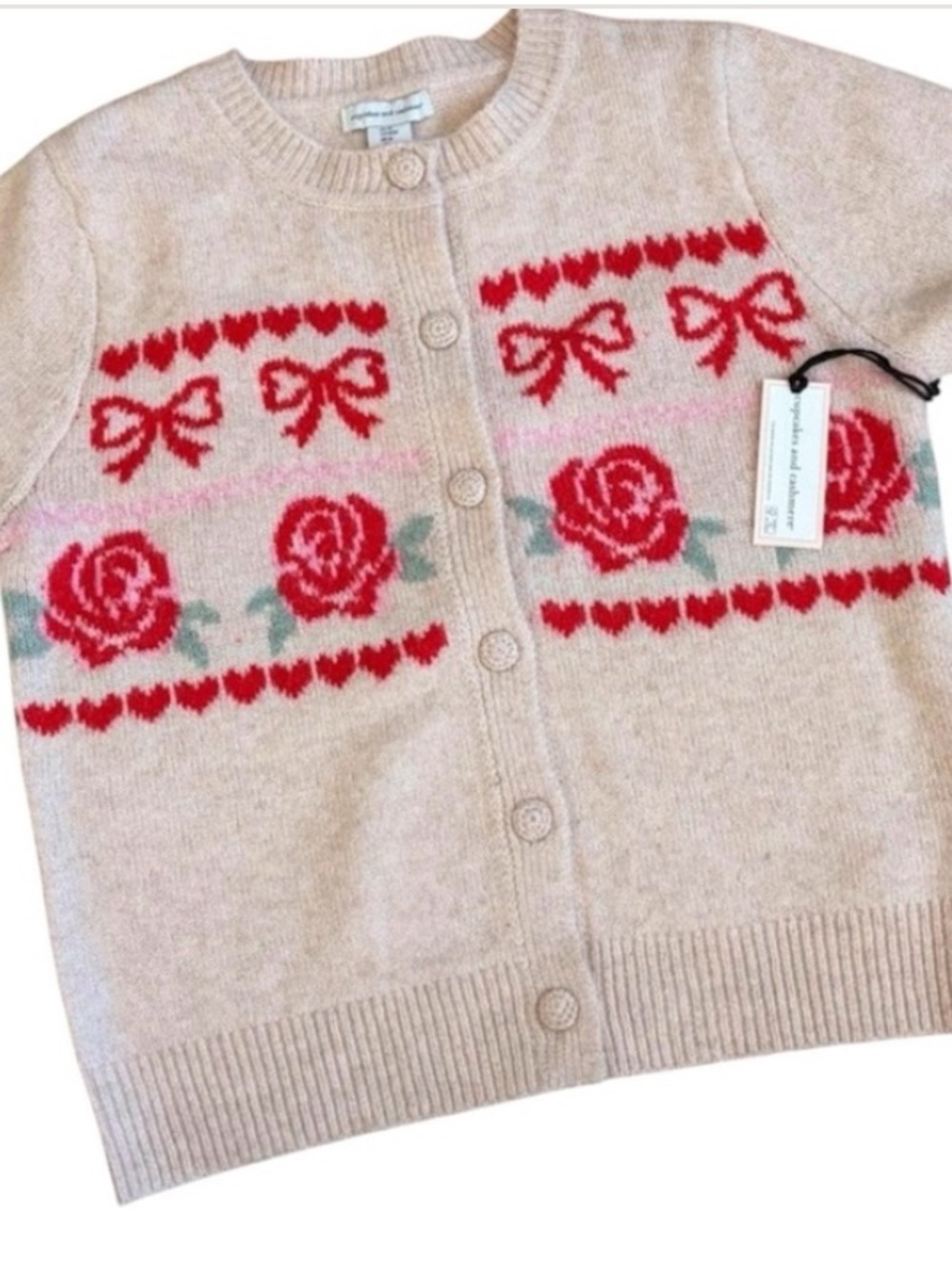 NWT Cupcakes and Cashmere Whimsical  cream bow and Floral Cardigan in size small - Picture 5 of 8